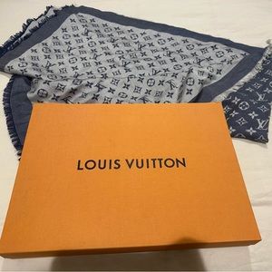 LOUIS VUITTON Monogram Denim Shawl Blue Silk